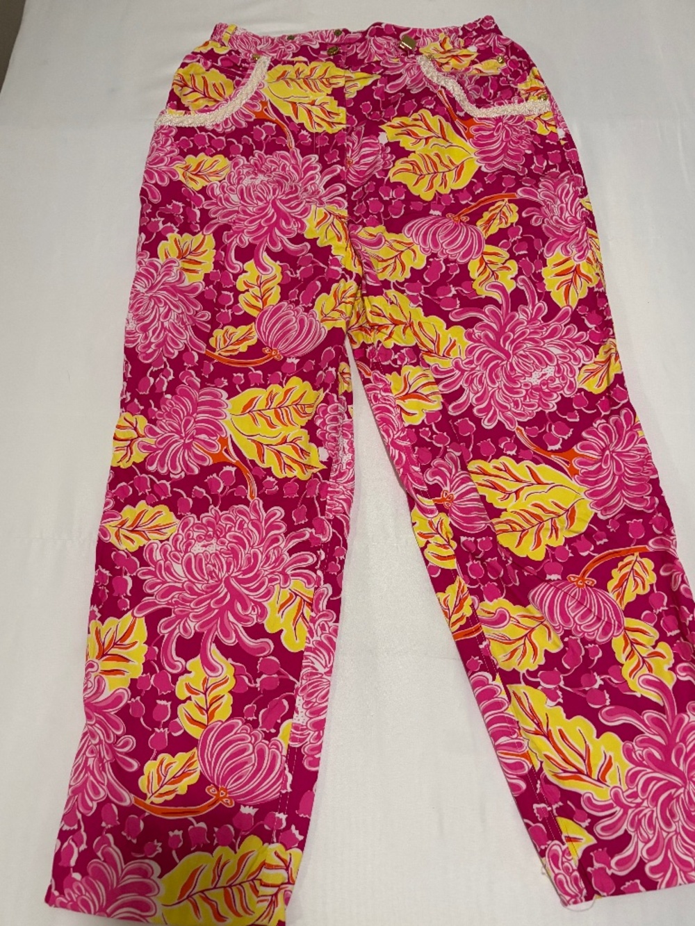 Vintage Lilly Pulitzer White Tag Floral Pants Lace Trim Pockets Made in Hong Kon